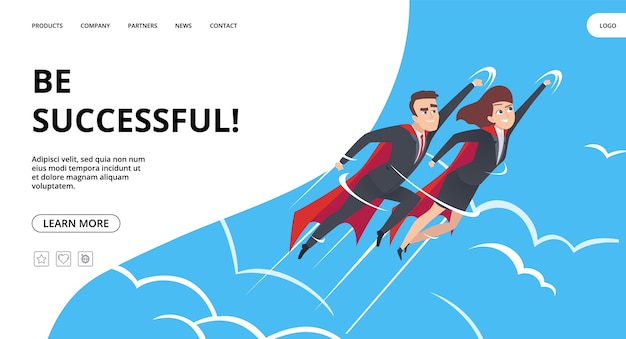 Business di successo. pagina web con sfondo di supereroi maschili e femminili. eroi di lavoro di squadra che volano nel concetto di atterraggio di affari del cielo