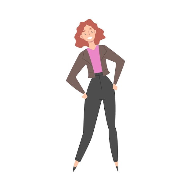 Vector successful business woman character standing with hands on her waist cartoon style vector illustration