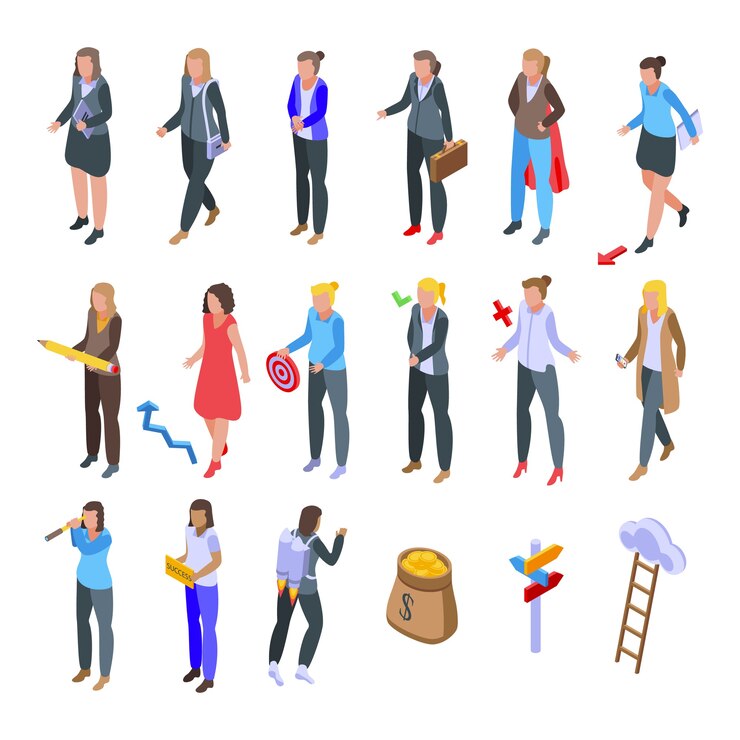 Vector successful business woman icons set. isometric set of successful business woman  icons for web  isolated on white background