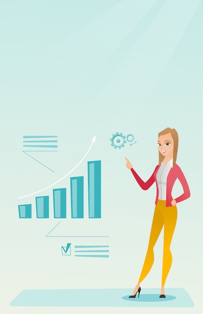 Vector successful business woman pointing at chart.