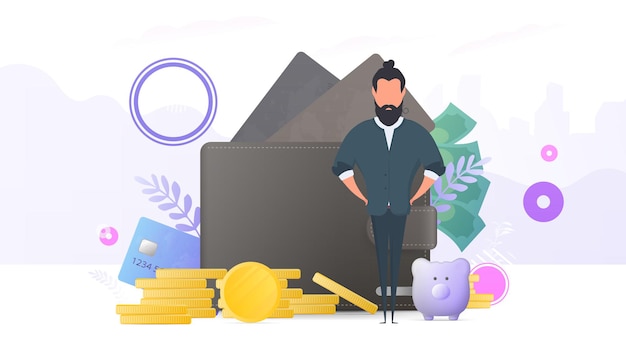 Successful businessman. big wallet, credit card, gold coins, dollars. concept of profit, cashback or wealth. banner on the theme of finance. vector.