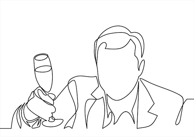 Successful businessman holding a glass of champagne continuous line