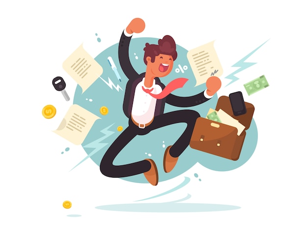 Successful businessman jumping for joy. Joyful man with briefcase of money and documents.  illustration