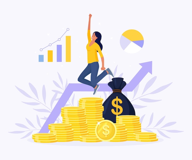 Successful businessman jumping for joy above stack of money. Profitable investment, funding. Woman celebrate successful deal. Stock market income. Diagram, graph growth