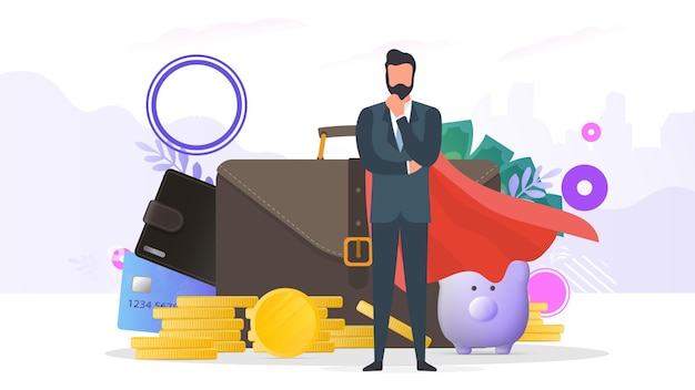 Vector successful businessman. a large suitcase, wallet, credit card, gold coins, dollars. the concept of profit, cashback or wealth. banner on the theme of finance. vector.