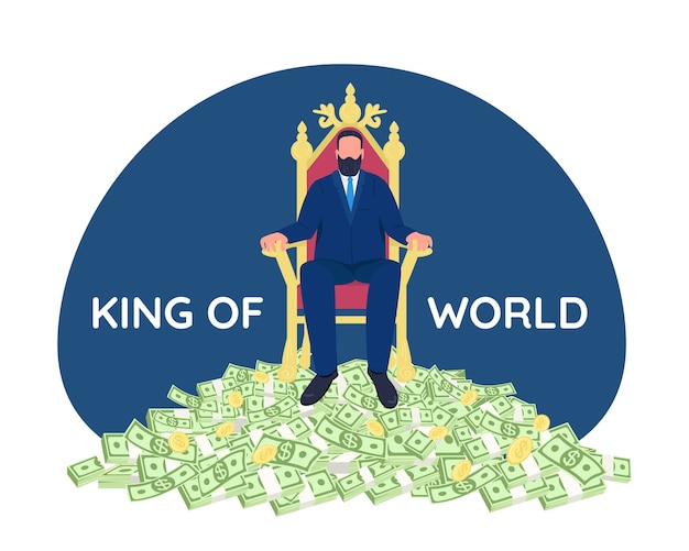 Successful businessman sitting on throne 2D web banner, poster. King of world phrase. Tycoon flat character on cartoon background. Rich person printable patch, colorful web element