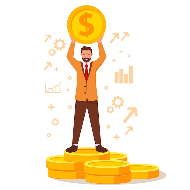 Successful businessman standing on coins stack dollar.