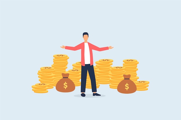 돈 더미에 서 있는 성공적인 사업가