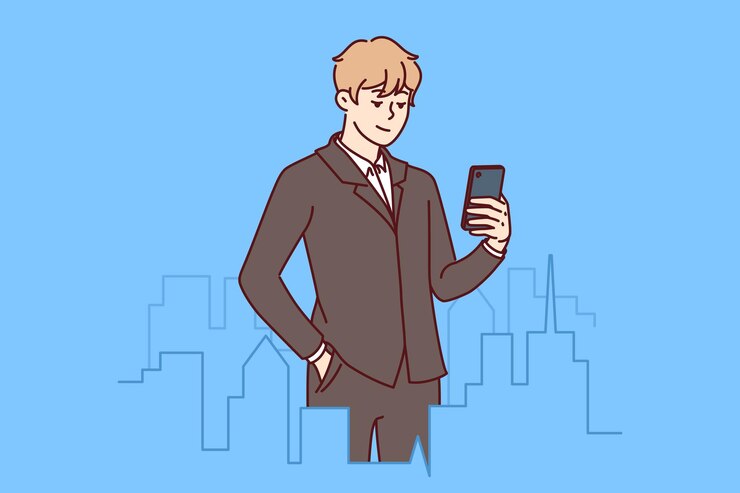 Vector 成功したビジネスマンがミニチュアビルと携帯電話を持ってダウンタウンに立っています