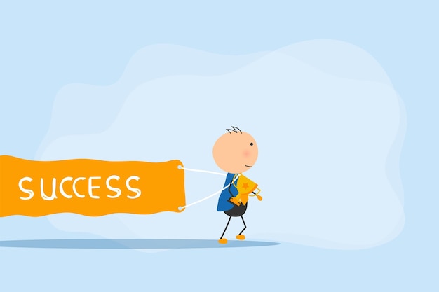 Successful businessman in stickman shape running carrying success banner and victory trophy