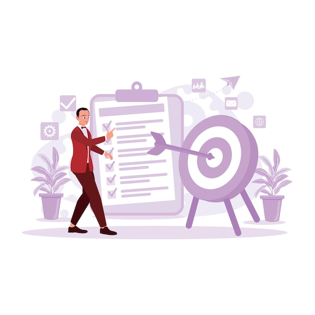 A successful businessman throws a dart in the middle of the target ticked document background