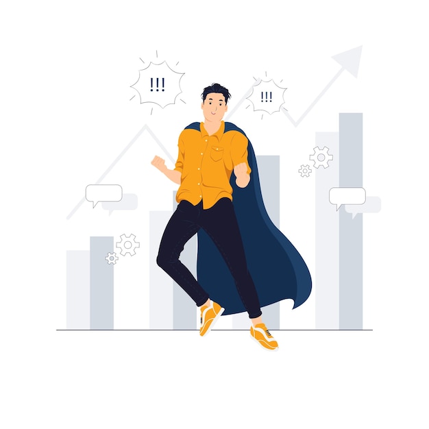 Successful businessman with big profit dressed like superhero flying in the sky concept illustration