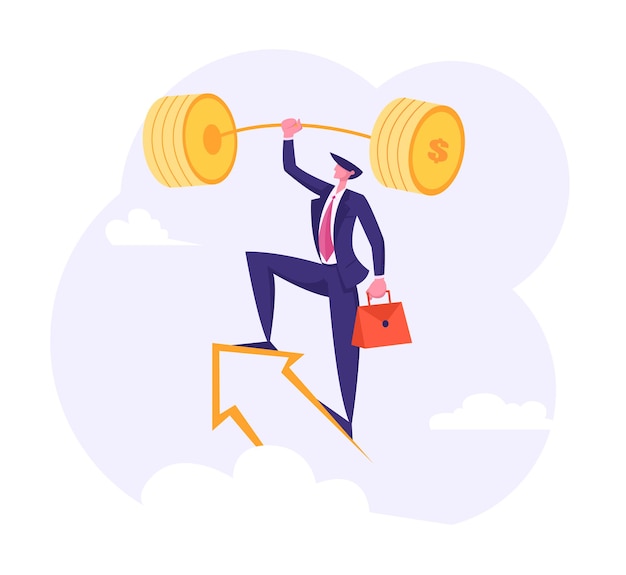 Successful Businessman with Golden Barbell on the Arrow in the Sky Illustration