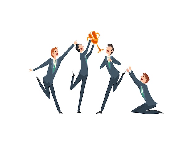 Successful Businessman with Winner Cup Team Leader Business Competition Envious Colleagues Envying Success Vector Illustration on White Background