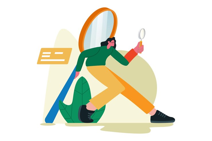 Vector successful businesswoman discovers opportunity with magnifying glass