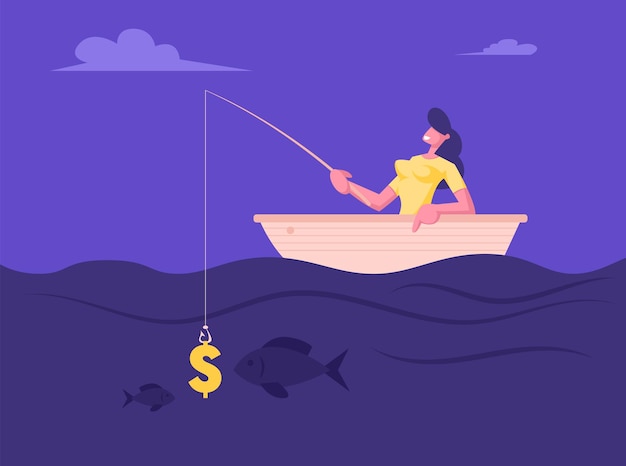 successful businesswoman having good catch during fishing in boat