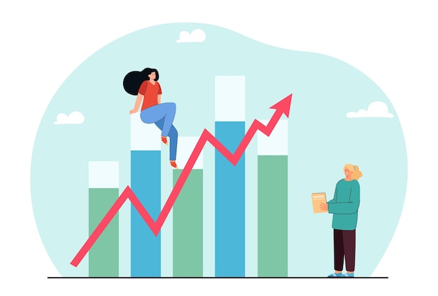 Successful businesswoman sitting on bar graph with up arrow. Tiny manager and business statistics flat vector illustration. Growth, development, progress concept for banner or landing web page