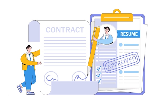 Successful candidate getting job with best resume human resources management found right profile of applicant concepts Businessman out from CV papers and signing contract agreement with employer