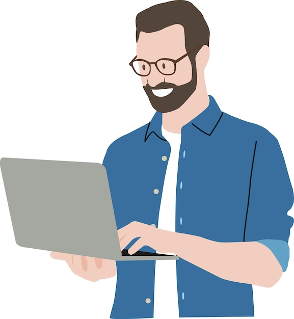 Vector successful caucasian young man student freelancer using laptop