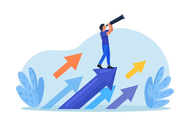 successful entrepreneurs standing on arrows and looking with telescope for new opportunities new business start up team strategy for success achievement business development plan for improvement