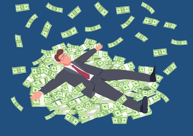 Vector successful man lying on money flat concept illustration. businessman in suit with stacks of cash. tycoon 2d cartoon character for web design. financial success creative idea