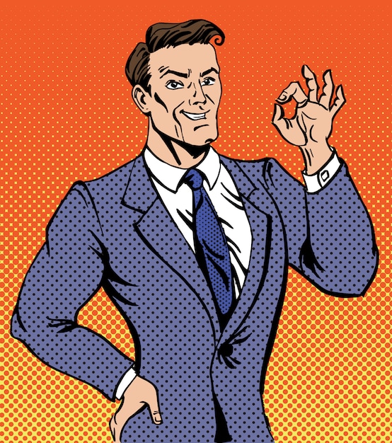 Successful man in pop art style gesturing okay