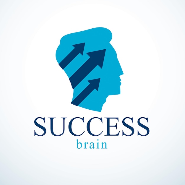 Logo vettoriale o icona di successo dell'uomo. profilo della testa dell'uomo con le frecce che salgono. concetto di uomo d'affari o imprenditore.