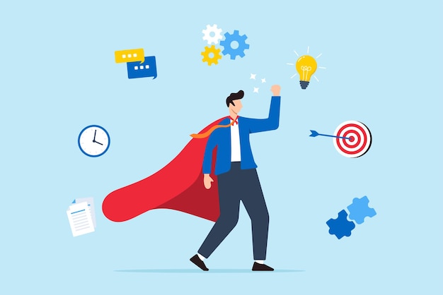 Successful manager or businessman wearing super hero cloak stand with competency skill set