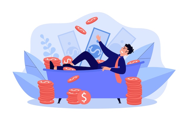 Successful millionaire bathing in money isolated flat illustration