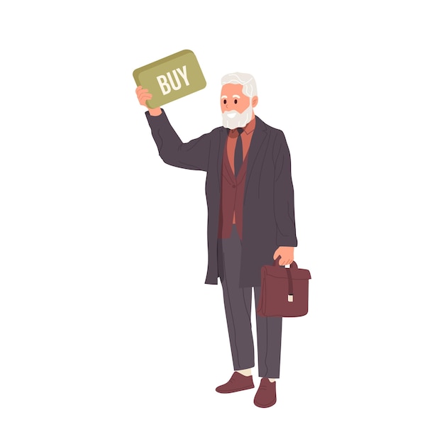 Vector successful senior male investor broker stockholder or trader cartoon businessman character holding signboard buy trading on stock exchange auction market vector illustration optimistic forecast