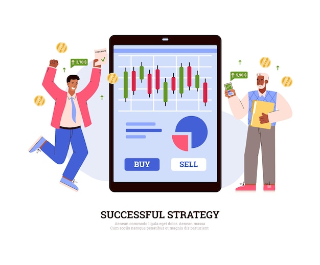 Vector successful strategy in stock or share market stock exchange online with tablet flat vector illustration on white