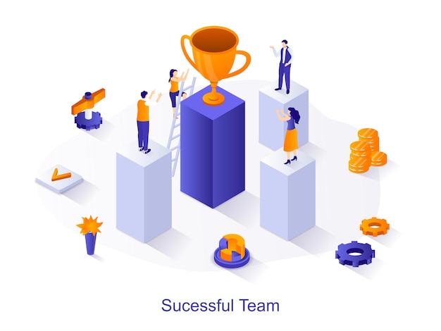 Successful team isometric web concept people working together achieve business goals win valuable