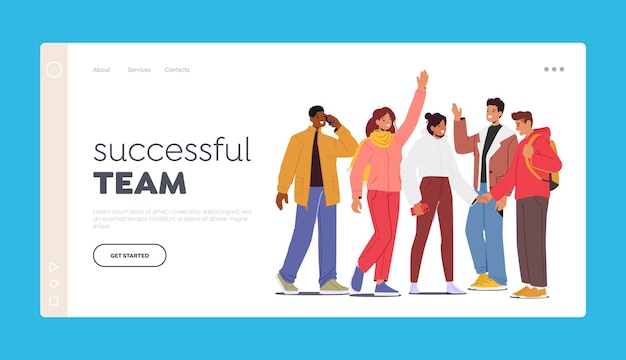 Successful team landing page template friends communication group of cheerful happy young people rejoice laughing