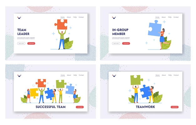 Successful Team Landing Page Template Set Businesspeople Teamwork Collective Partnership Office People Work Together