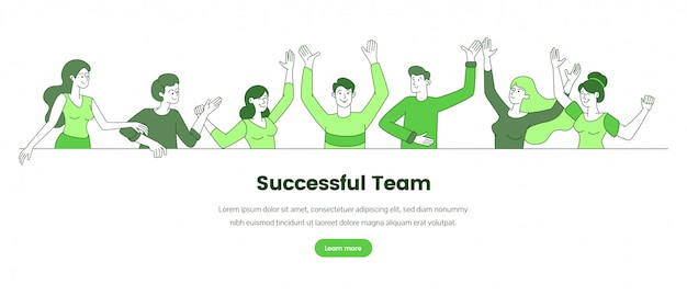 벡터 성공적인 팀 웹 배너 벡터 템플릿입니다. 사업 회사, 회사 팀 빌딩 웹 사이트 방문 페이지 개념. 행복 한 동료, 직장인 텍스트 공간 그림 설명