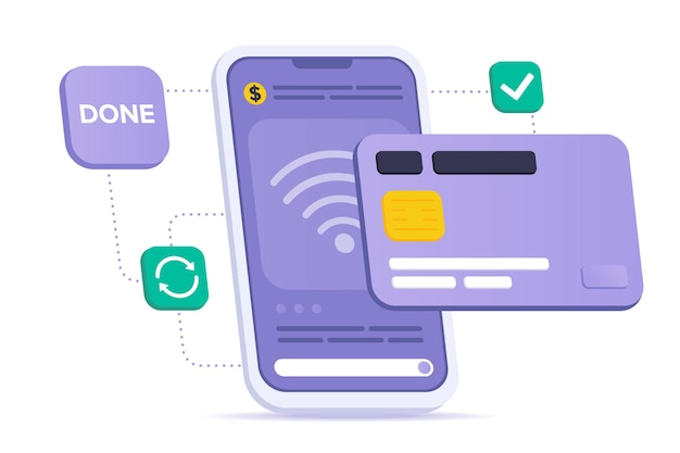 벡터 성공적인 무선 결제 개념 신용 카드 및 스마트폰을 통한 손쉬운 비접촉 승인 결제