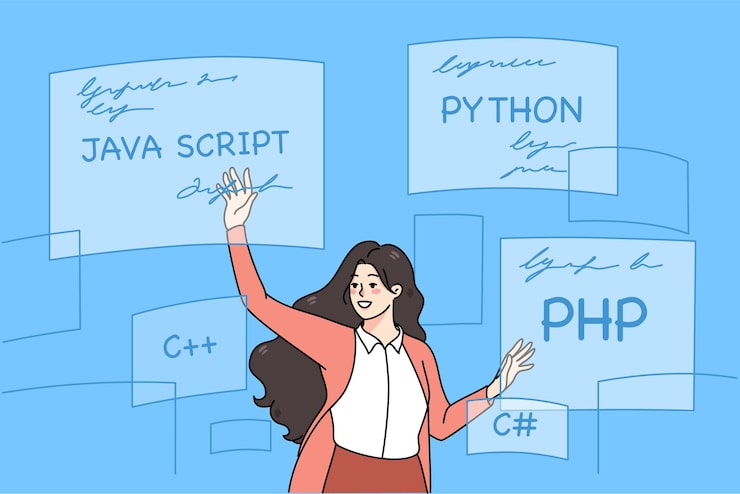 Vector successful woman coder with scripts programming smiling millennial girl write codes for python php and c plus computer languages software and coding concept flat vector illustration