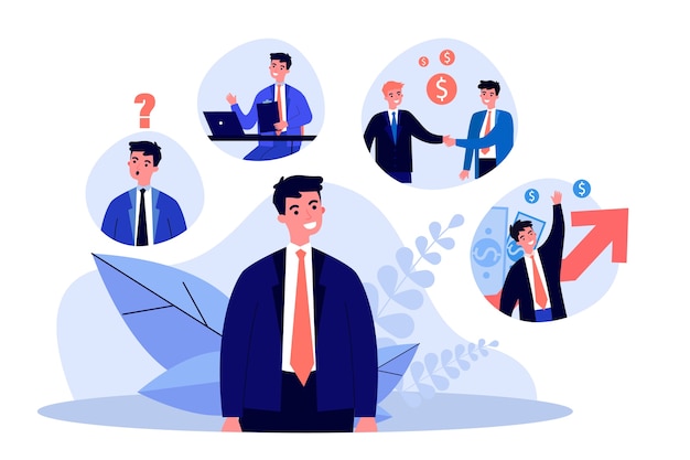 Успешный молодой парень думает о карьерном росте. Работа, деньги, богатство иллюстрации. Концепция финансов, бизнеса и занятий для баннера, веб-сайта или целевой веб-страницы