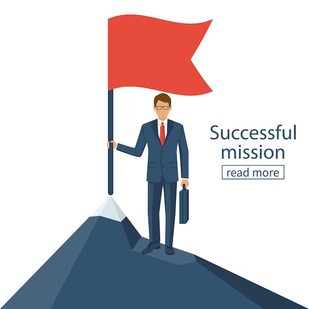 Vector successfull mission businessman standing with red flag on mountain peak goal achievement put flag on mountain peak symbol of victory vector style flat isolated on background business concept