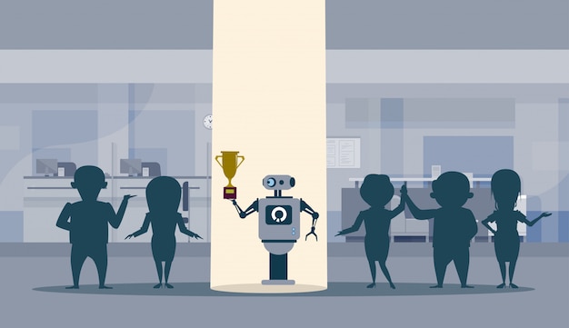 Successul robot standing in spot light holding golden cup winner artificial intelligence concept