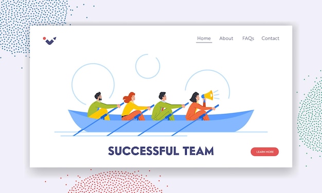 Succesvolle team landing page template mensen roeien samen in boot concept van groeivernieuwing en ontwikkeling