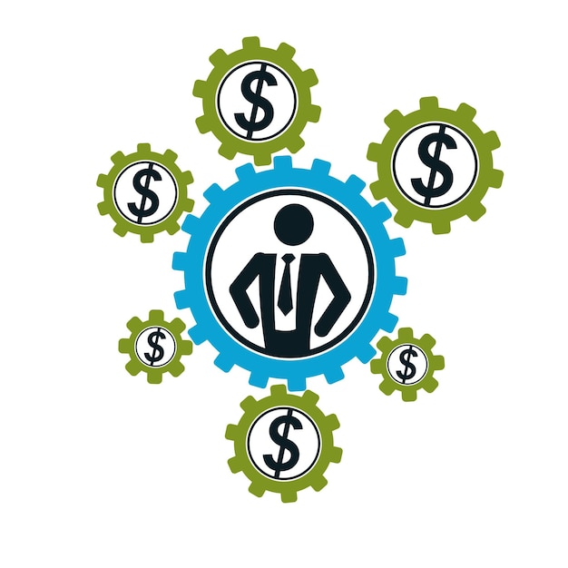 Succesvolle zakenman creatieve logo, vector conceptuele symbool geïsoleerd op een witte achtergrond. Bijzonder en uniek teken. Versnellingen en tandwielen systeem.