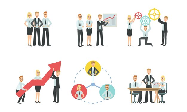 Vector succesvolle zakenmensen personages die in een kantoor werken teamwerk zakelijke wedstrijd bijeenkomst