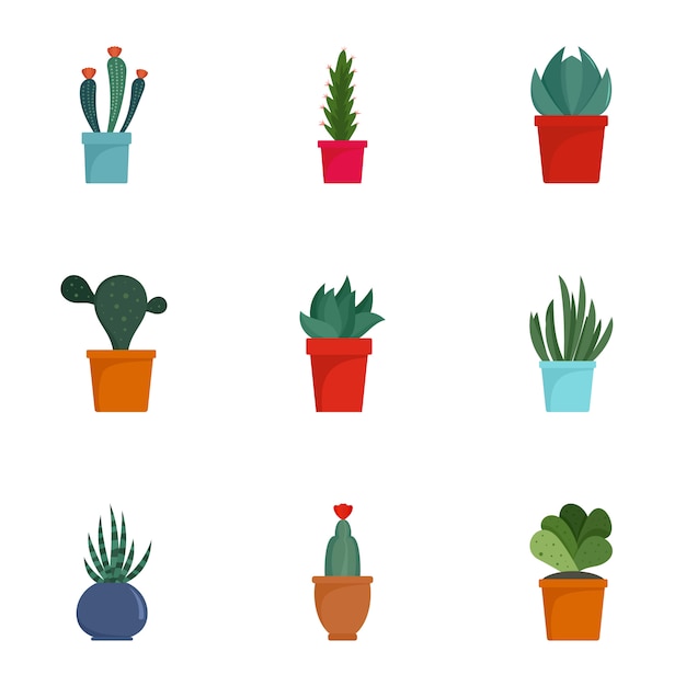 Vector succulent cactus icon set. flat set of 9 succulent cactus icons