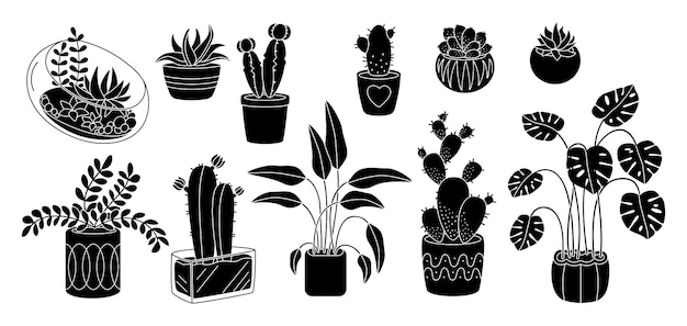 Succulents and plant, decorative potted ceramic flat silhouette set. Black glyph cartoon interior indoor flower. House plants, cactus monstera flowerpot. Isolated illustration