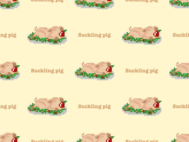 Suckling pig cartoon character seamless pattern on yellow background pixel style