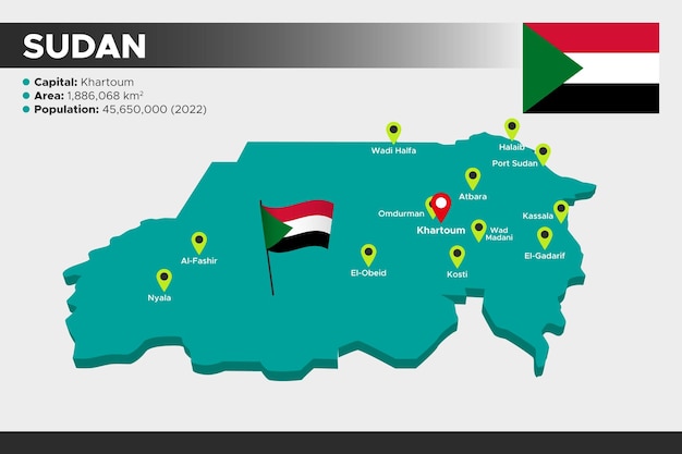 Mappa dell'illustrazione isometrica 3d del sudan bandiera della popolazione dell'area delle capitali e mappa del sudan