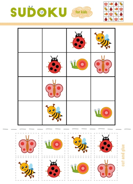 Vector sudoku for children education game cartoon insects use scissors and glue to fill missing elements