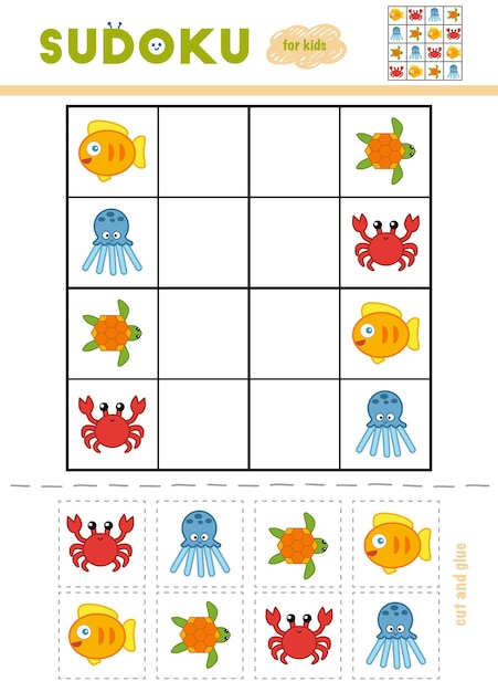 Vector sudoku for children, education game. cartoon sea animals - octopus, turtle, crab, fish. use scissors and glue to fill the missing elements