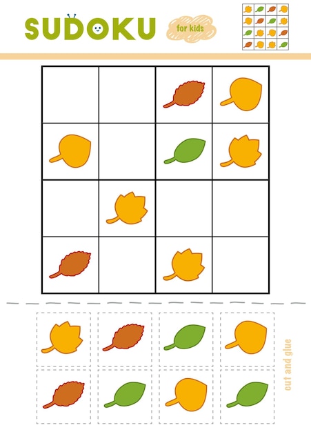 어린이 교육 게임을위한 스도쿠 만화 잎 세트 가위와 접착제 사용